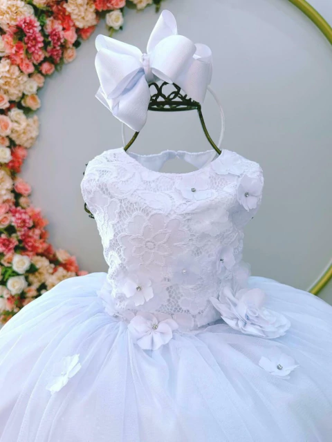 Vestido Infantil Branco Rendado C/ Flores em Aplique Damas Marca: Vila Lelê