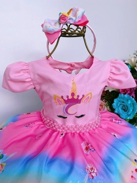 Vestido Infantil Unicórnio Rosa Luxo e Acompanha Tiara Marca: Fantasia