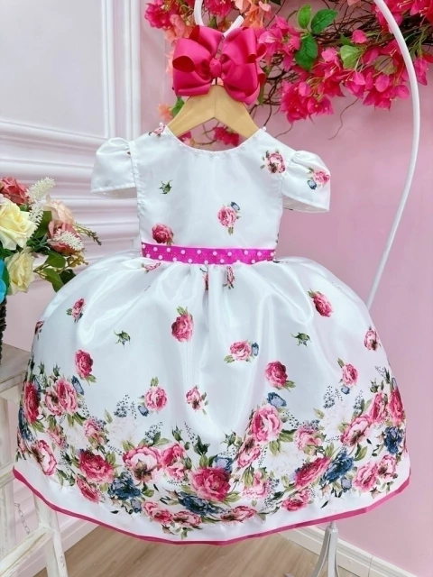 Vestido Infantil Branco Florido Pink e Cinto Strass Pérolas