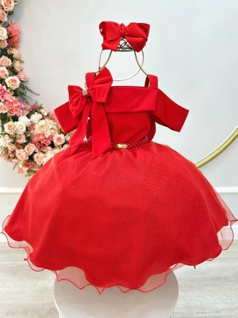 Vestido Infantil de Alça Vermelho Saia Glitter e Broche Festas