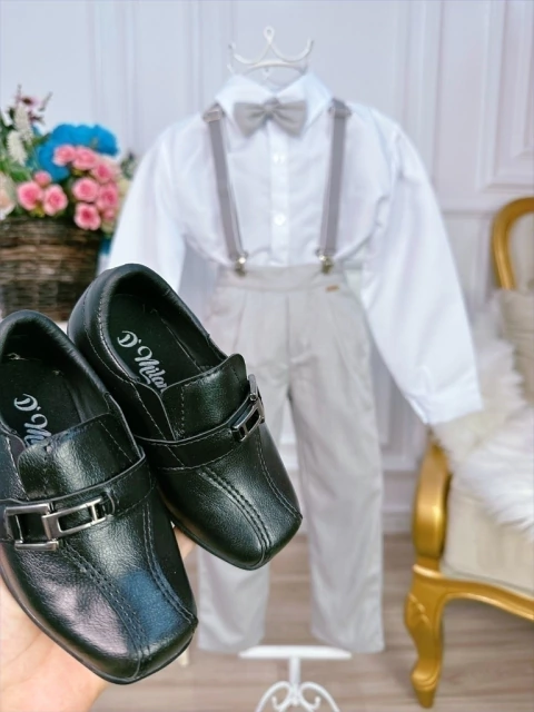 Conjunto Social Camisa Branco e Calça Susp. Gravata Cinza