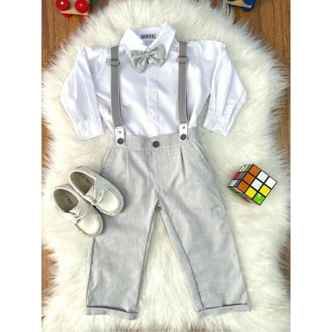 Conjunto Social Bebê Calça Susp. Cinza Claro e Camisa Branca