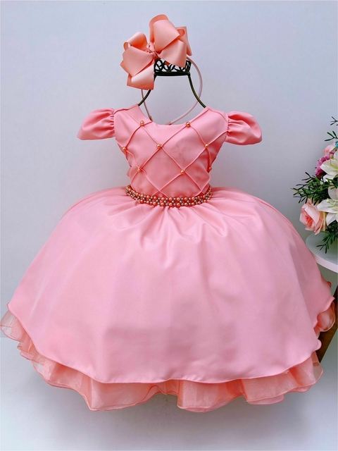 Vestido Infantil Goiaba Cinto de Pérolas Casamento Luxo Sku: 7504G