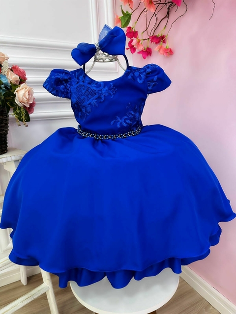 Vestido Infantil Azul Royal Renda C/ Cinto Pérolas e Tiara Sku: 1053AY