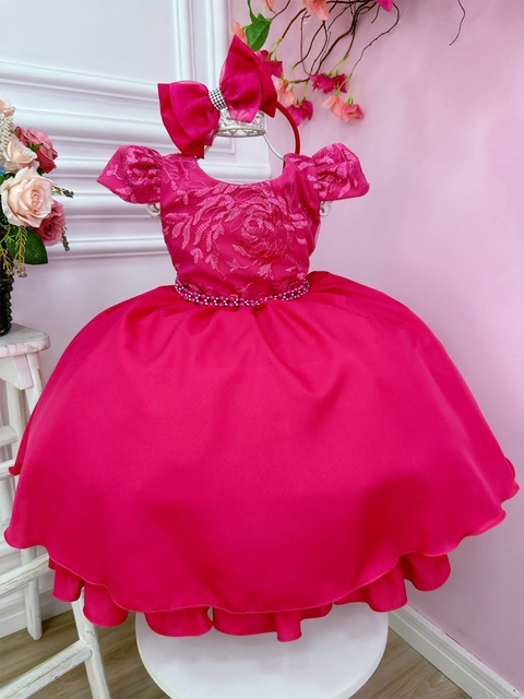 Vestido Infantil Pink Com Renda e Cinto de Pérolas Tiara Sku: 1053PY