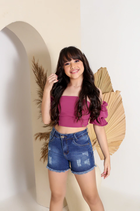 (GRADE 5 PEÇAS) Short Jeans Com Lycra Infanto - Juvenil Cor Escura Barra Desfiada ( Detalhe Puído )