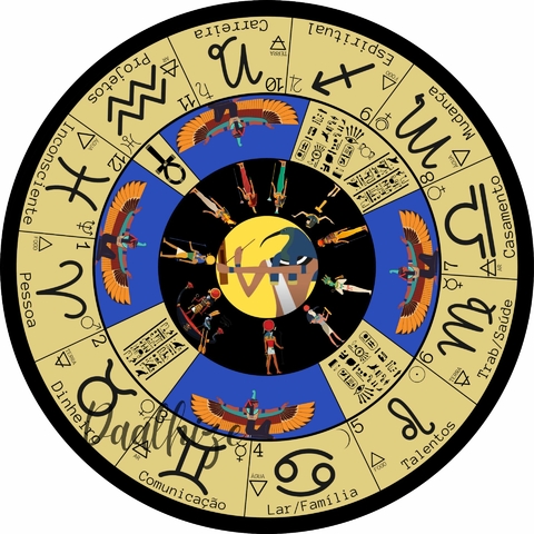 Mesa de Tarot Mandala Astrológica Para Tiragens Em MDF 55cm, Símbolo Astrologia e Elementos tema Egípcio