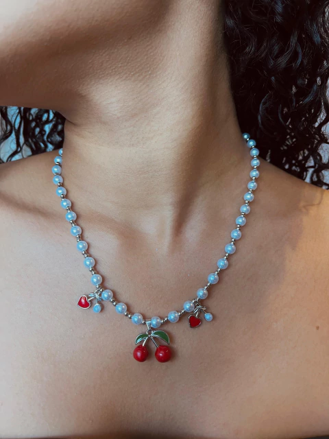 Colar Pérolas Cereja Prata - Aço Inox