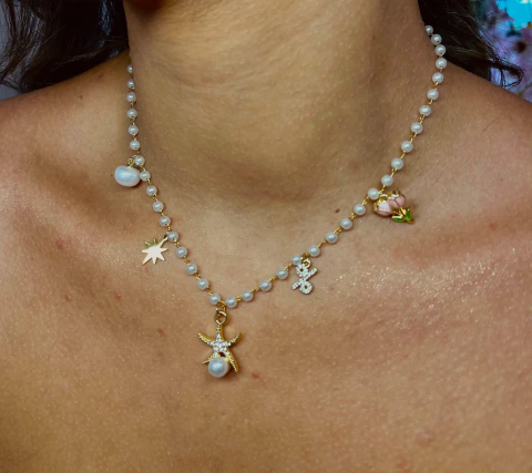 Colar pérolas estrela dourado - Aço Inox