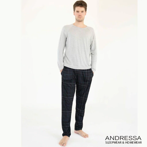 Pijama de hombre - Casaca lisa de modal y pantalón estampa cuadrille (P9051-ANP) - comprar online