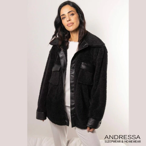 Bata camisaco de peluche con detalles de cuerina (P9049-ANP) - comprar online