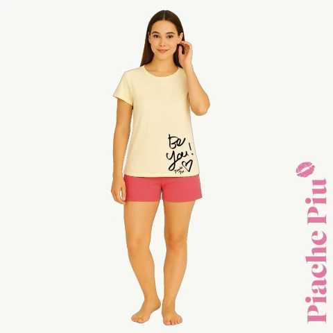 Pijama liso, remera manga corta con estampa Be you. Jersey (666-PIA)