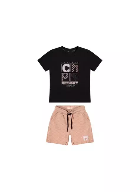 Conjunto Charpey Com Camiseta Resort Pretra e Bermuda Bege Infantil Verão - comprar online