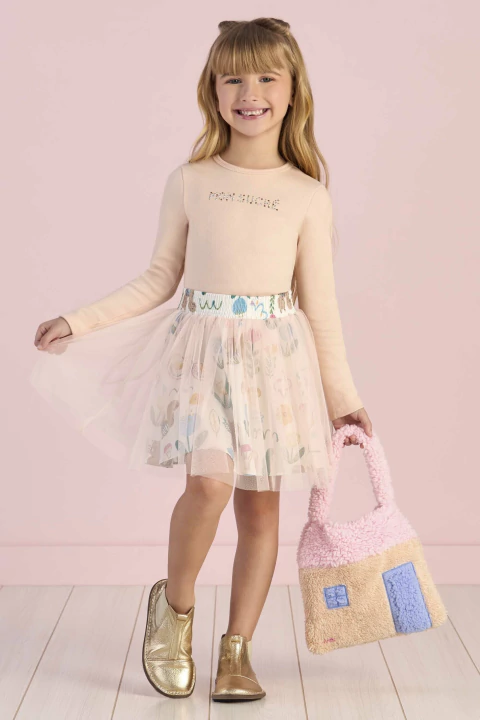 Conjunto Infantil Mon Sucré Floresta Blusa Canelada Manga Longa e Saia em Tule Estampada (Off White) - comprar online