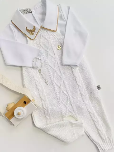 Conjunto batizado menino em tricot antialérgico bebê jardineira longa rubi e body espirito santo Boneco de Neve
