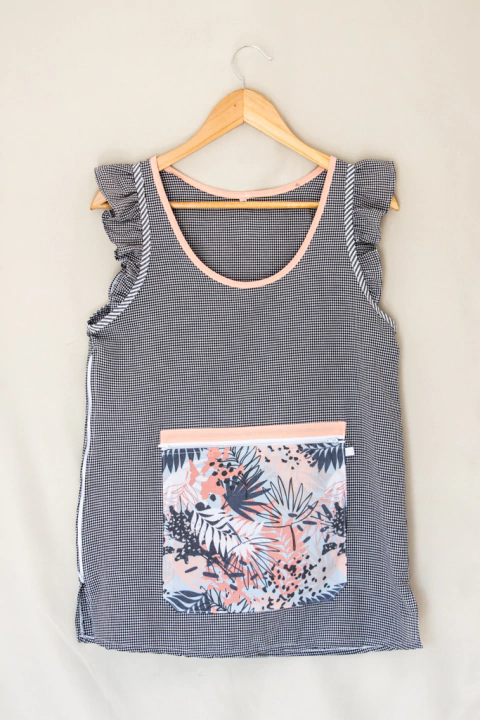 Cuadrille negro - Amapola volados Hojas salmón - comprar online