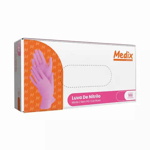 Luva Nitrilo Rosa Sem Pó Tamanho P Medix Brasil Profissional Caixa com 100 un.