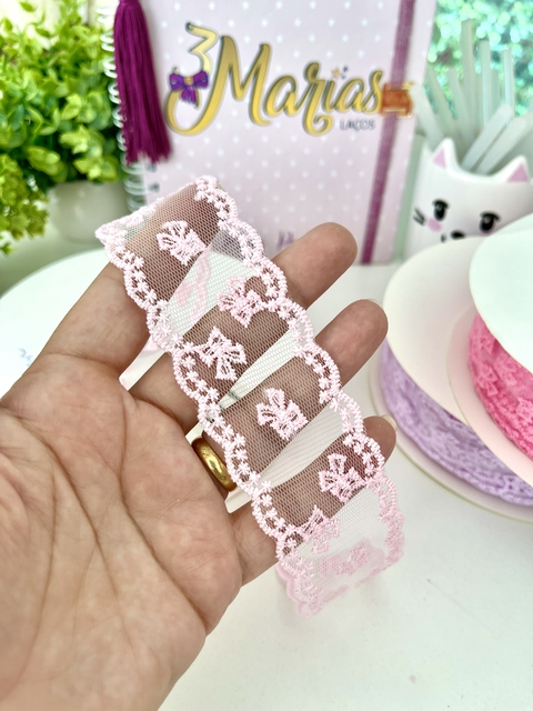 Fita de renda lacinhos - 38mm - Rosa BB - 2 metros