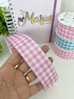 Fita princess xadrez com lurex prata - Rosa - 38mm - 2 metros
