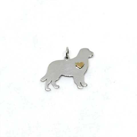Colgante de Plata silueta de perro c/ corazón De Oro 18