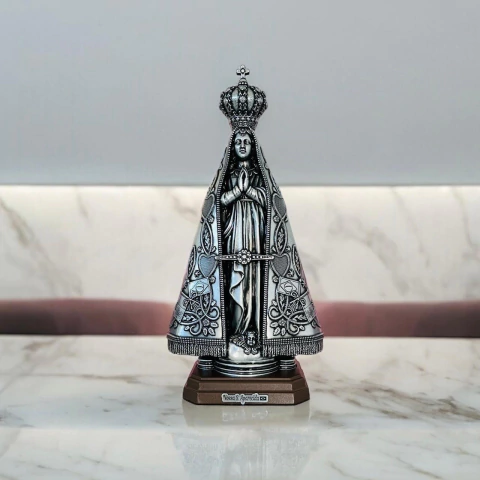 Imagem Nossa Senhora Aparecida em metal Prata Velha | 25cm