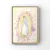 Quadro representando Nossa Senhora de Guadalupe, cercada por flores rosa em fundo claro.