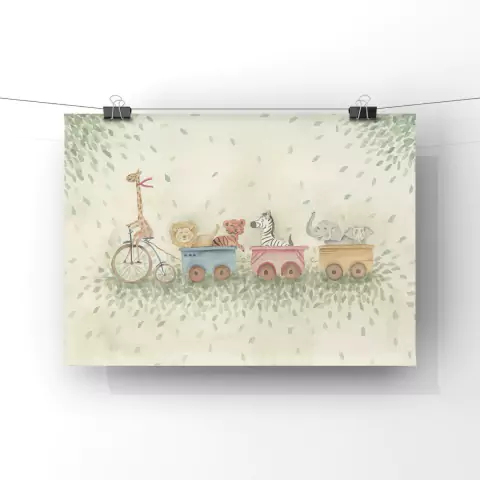 Quadro com ilustração de bichinhos felizes em um trem colorido, incluindo uma girafa, leão, tigre, zebra, elefante e cachorro.