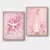 Kit de quadros religiosos com imagens da pomba e Nossa Senhora de Fátima em fundo rosa.