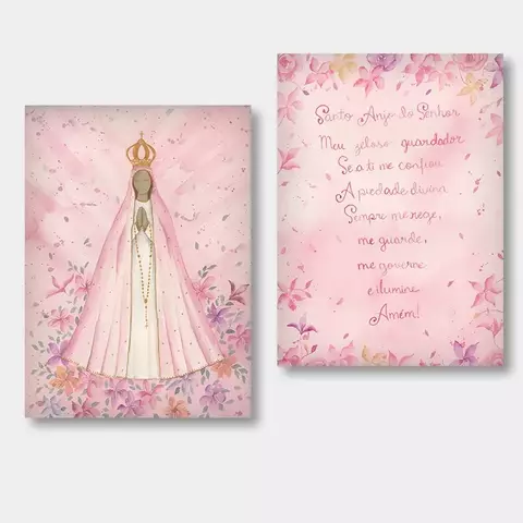 Quatro com ilustrações de Nossa Senhora Aparecida e uma oração ao Santo Anjo, em fundo rosa com flores.