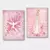 Kit de quadros religiosos com imagens da pomba e Nossa Senhora de Fátima em fundo rosa.