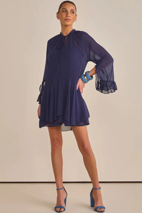 VESTIDO FEMININO LINZZI COM BABADOS EM CREPE SIIK