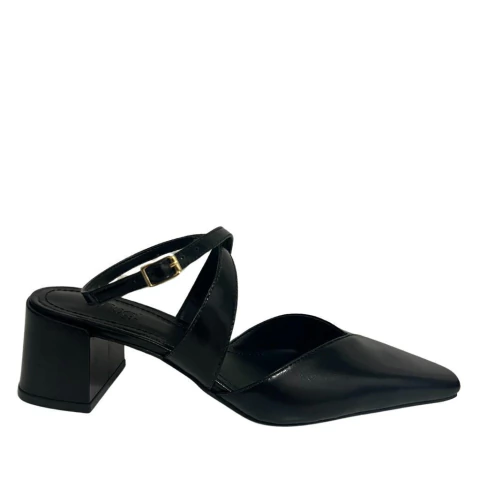 SLINGBACK FEMININO COM TIRAS CRUZADAS E SALTO BLOCO EM COURO
