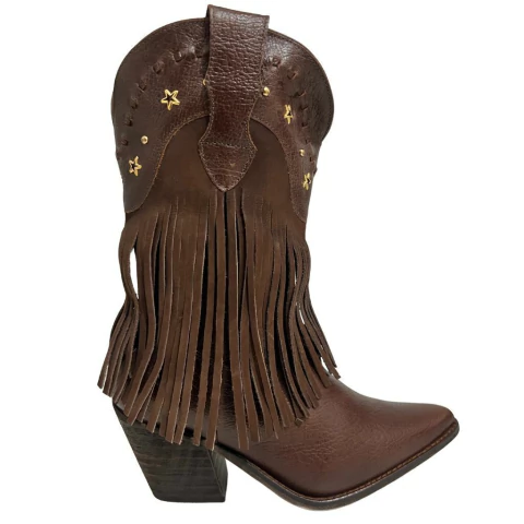 BOTA FEMININA TEXANA EM COURO LEGITIMO DETALHES COM FRANJAS