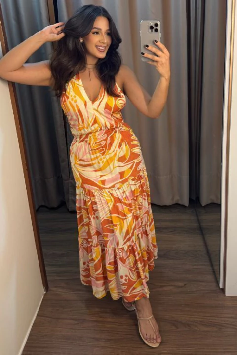 VESTIDO FEMIMINO MIDI ESTAMPADO COM CAMADAS