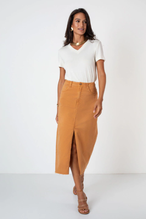 SAIA FEMININA FLOR DE LIS COM FENDA FRONTAL MAXI MIDI