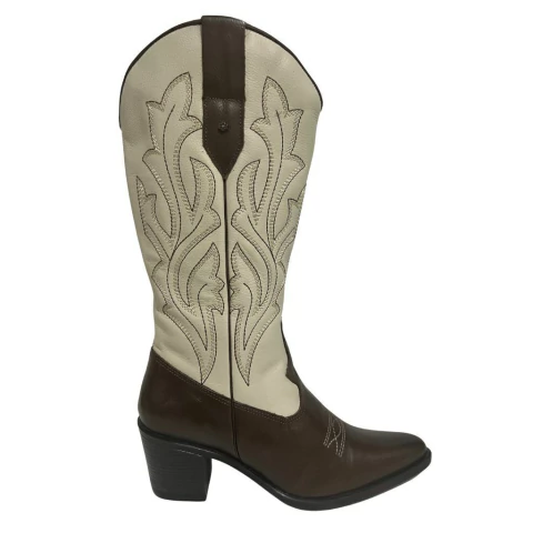 BOTA FEMININA RELEVO BORDADO BICOLOR TEXANA COURO LEGÍTIMO