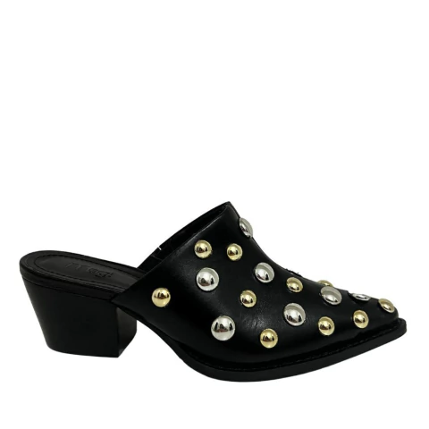 MULE FEMININO EM COURO BICO FINO COM APLICAÇÕES EM ESFERAS