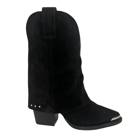 BOTA FEMININA NOBUCK COM TAXAS SALTO GROSSO CANO MÉDIO