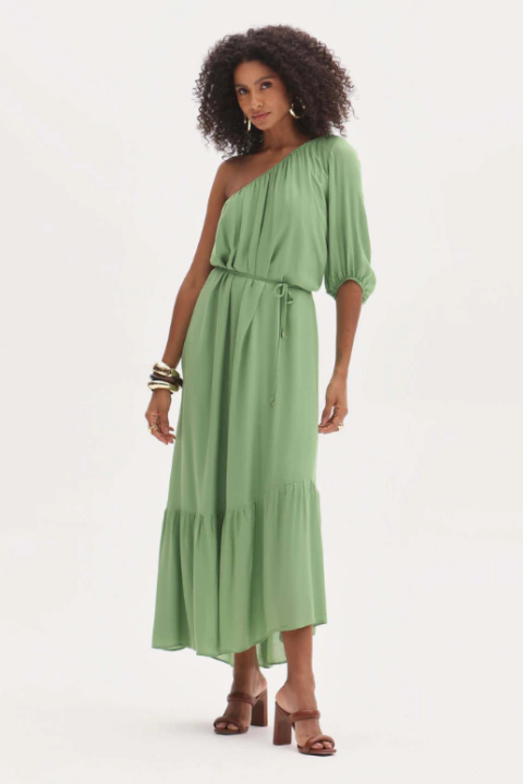 VESTIDO FEMININO FLOR DE LIS SOLTO MAXI UM OMBRO SO