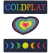 Conjunto de três patches bordados da banda Coldplay, incluindo um patch com o nome "COLDPLAY", um patch em forma de coração colorido e um patch com a fase da lua.