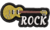 Patch bordado em formato de guitarra amarela com a palavra "ROCK", ideal para fãs de música e bandas.