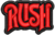 Patch bordado com a palavra "RUSH" em vermelho, medindo 7x4 cm.