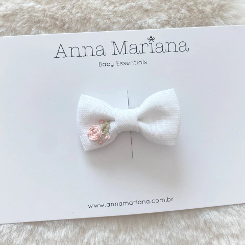 Laço Mariana Linho Bordado Rosa - Branco