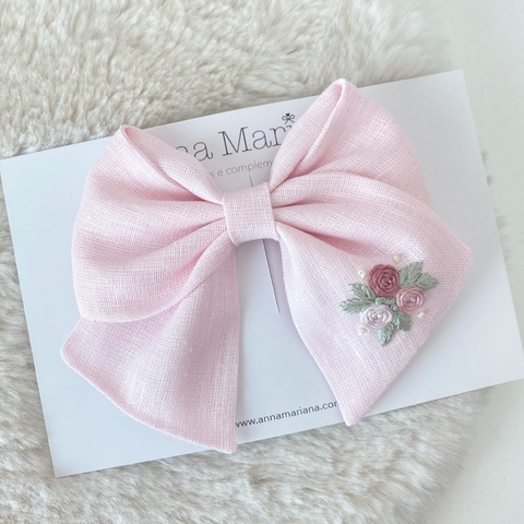 Laço Emma linho bordado - Rosa bebê - comprar online