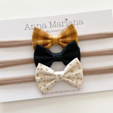 Kit Mariana - Vichy mostarda/marrom, preto e vanilla poá