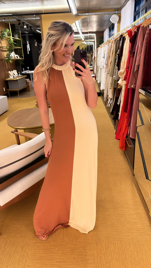 Vestido bicolor camel creme Ornela - comprar online