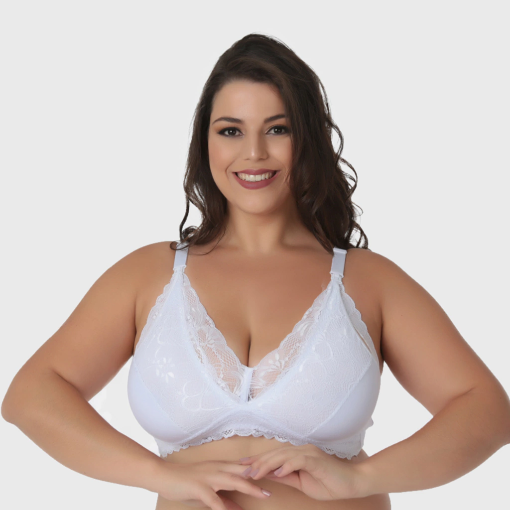 Sutiã Amamentação de Algodão com Renda Plus Size-Sem Bojo-Branco-ST034PLUS
