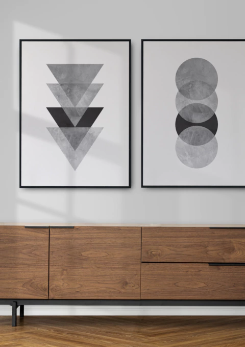 Quadro Decorativo Escandinavo Cinza Triângulos e Círculos com Textura - Composição com 2 Quadros