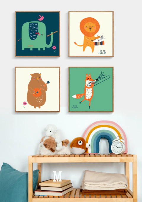 Quadros Decorativos Infantis Animais Musicais - Composição com 4 Quadros