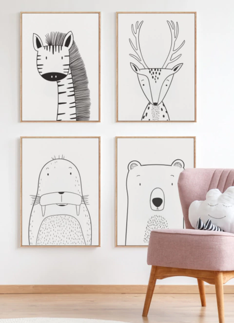 Quadros Decorativos Infantis Animais Traço - Composição com 4 Quadros